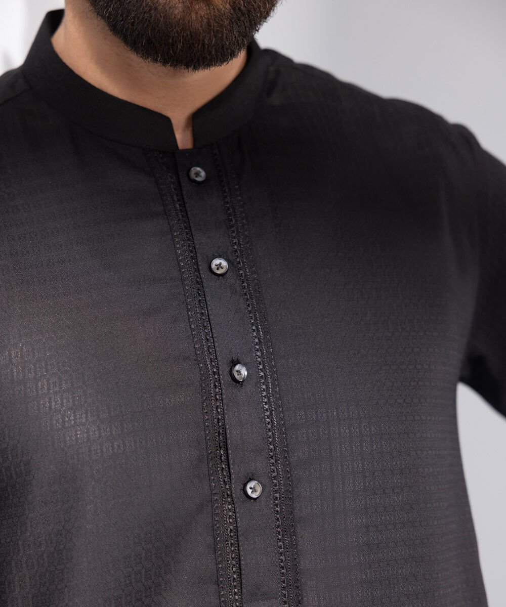 Men's Stitched Kurta Black Embroidered Jacquard Kurta