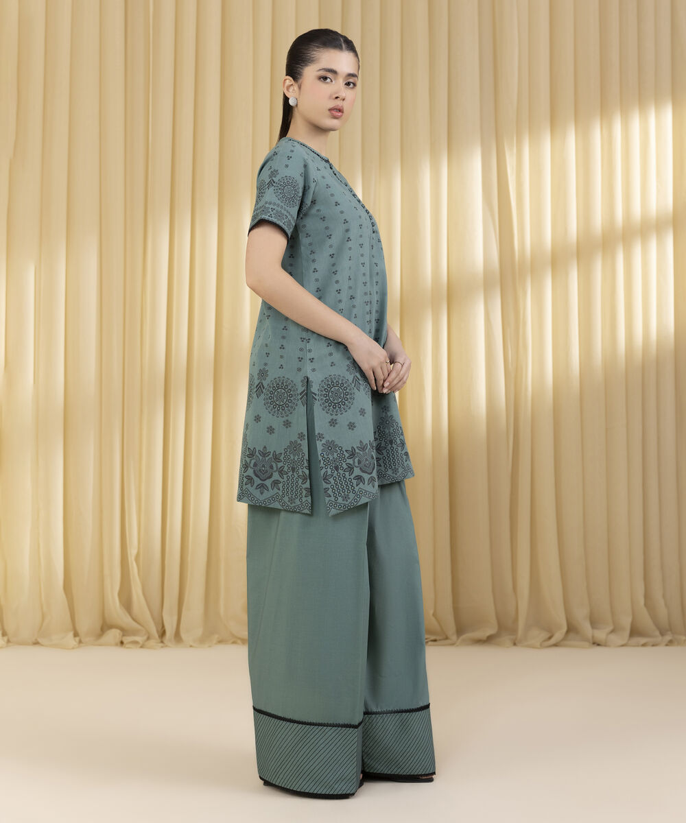 Unstitched Women's Green Extra Weft Jacquard Shirt Trousers