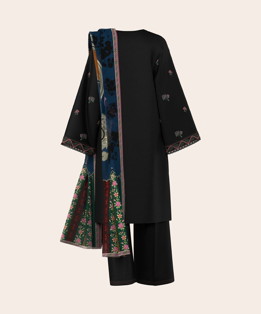 Women's Unstitched Lawn Black  Embroidered 3 Piece Suit