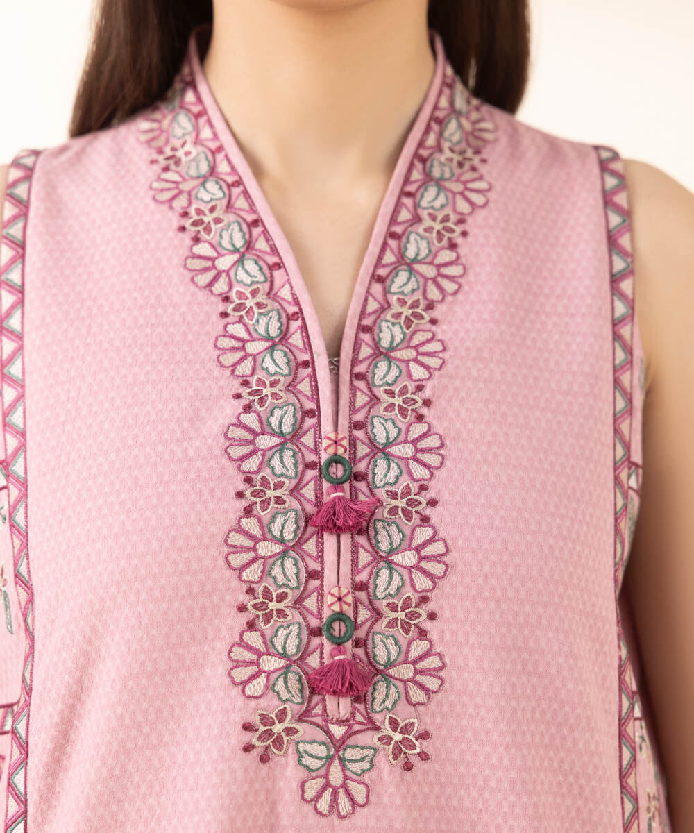 Unstitched Women's Pink Dobby Embroidered Shirt Trousers