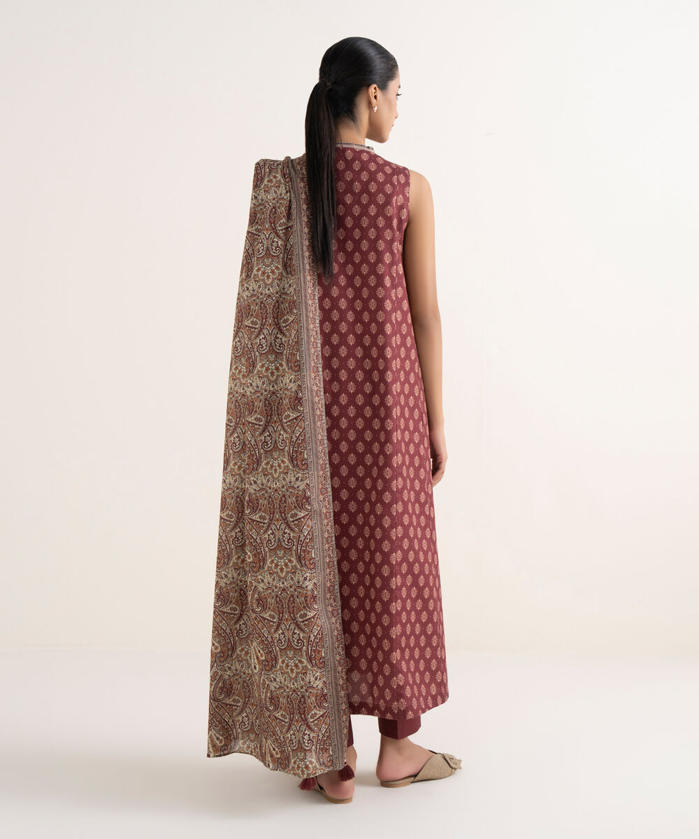 Women's Unstitched Cotton Printed Red Three Piece Suit