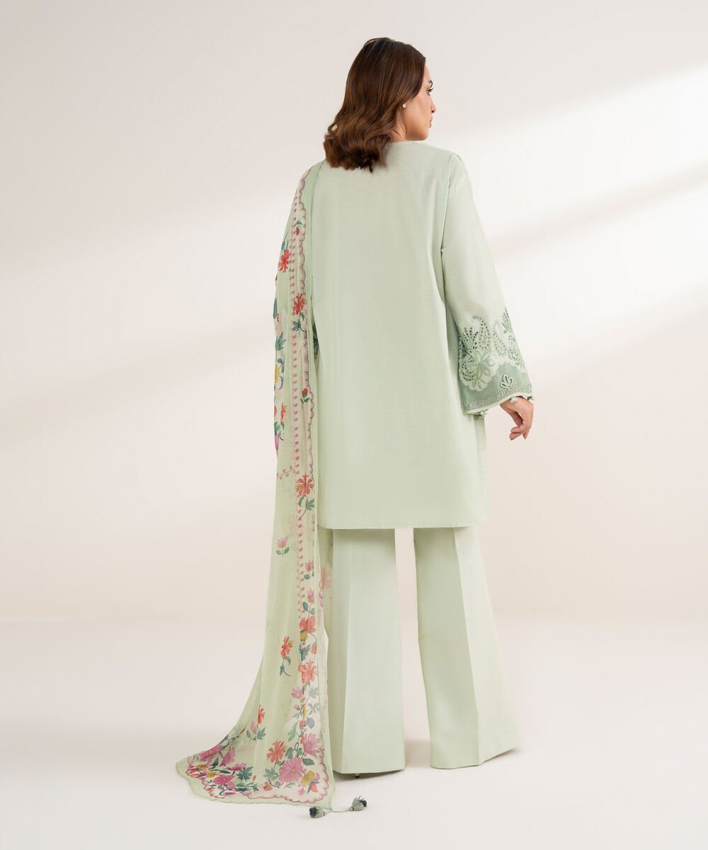 Women's Unstitched Cotton Embroidered Green 3 Piece Suit