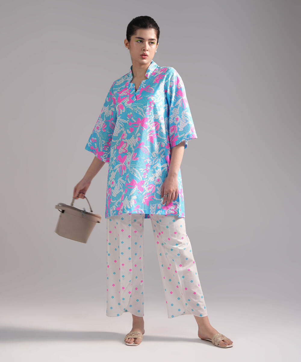 Women's RTW Dobby Printed Neon Blue 2 Piece Suit