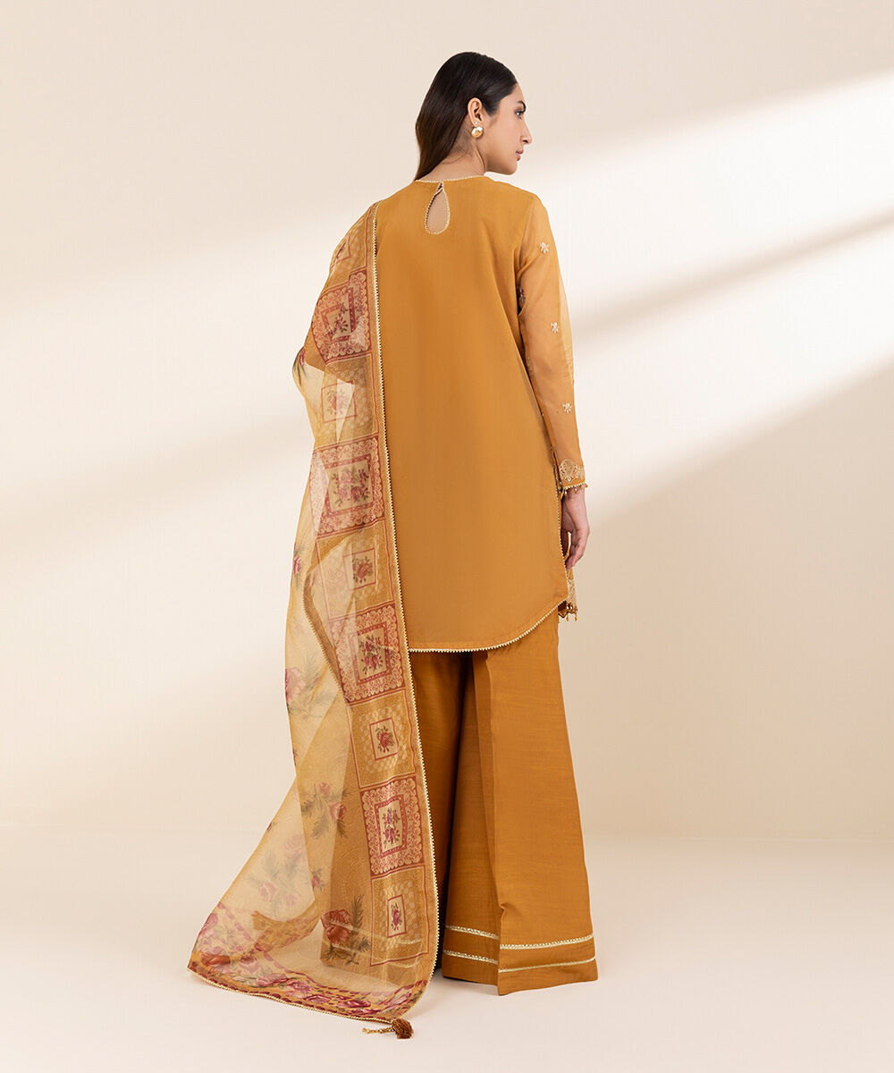 Unstitched Women's Yellow Organza Embroidered 3 Piece Suit