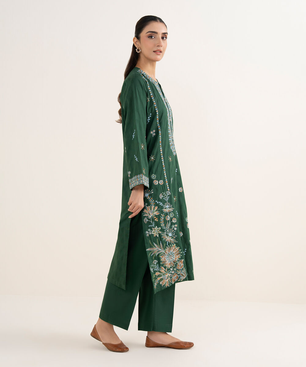 Women's RTW Self Jacquard Leno Embroidered Green A-Line Shirt