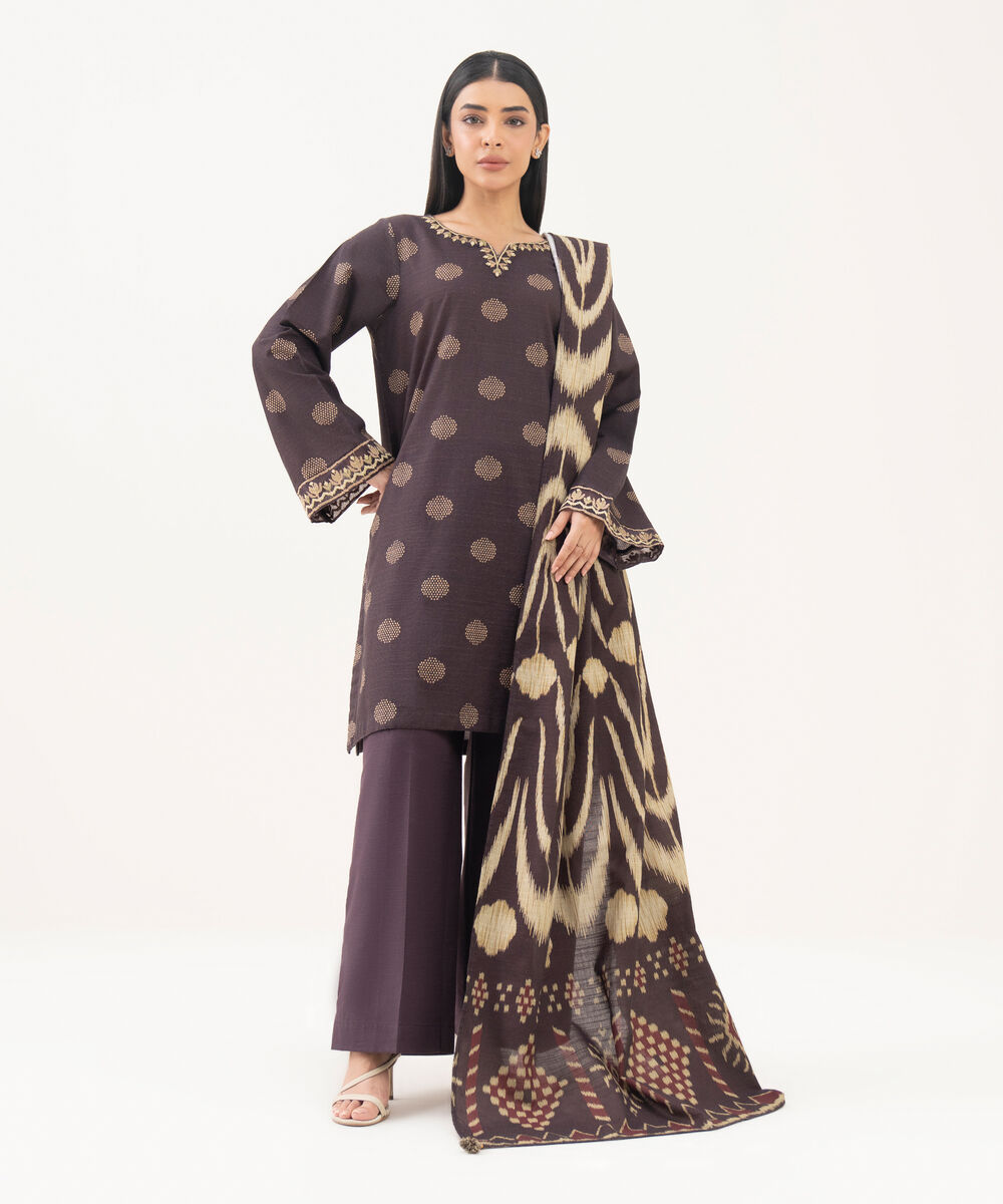 Women's RTW Light Khaddar Embroidered Brown Straight Shirt