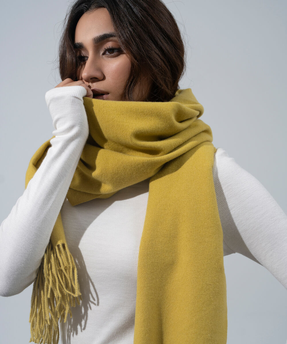 Women's Western Wear Mustard, Yellow Polyester Solid Woolen Scarf
