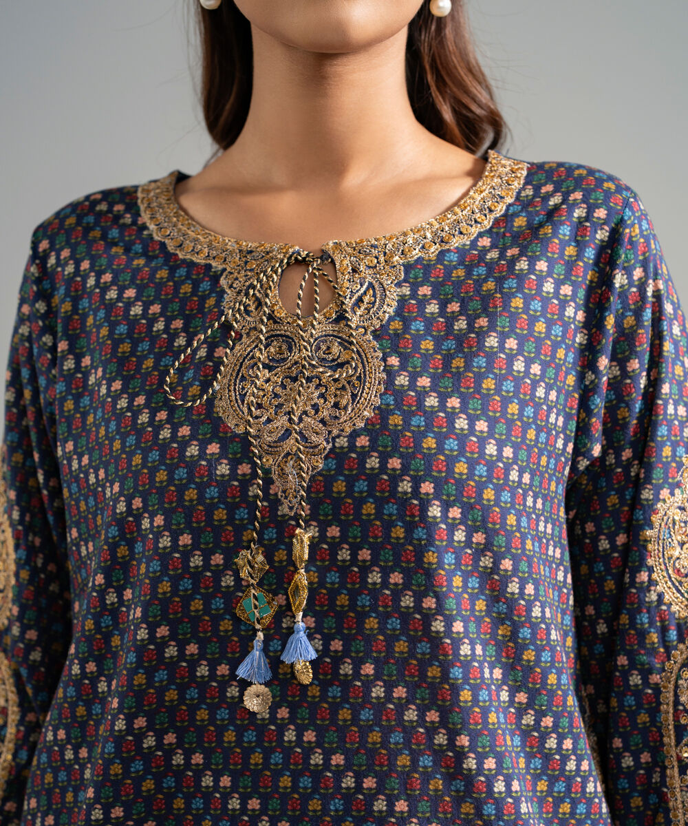 Women's RTW Dobby Embroidered Blue 3 Piece Suit