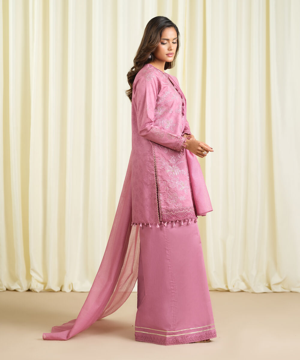 Women's Unstitched Cotton Jacquard Embroidered Pink 3 Piece Suit