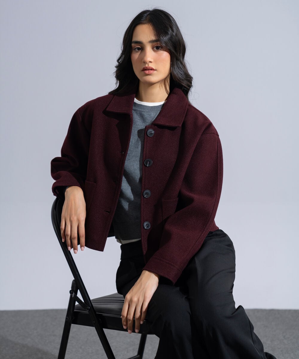 Women's Western Wear Burgundy Polyester Short Woolen Effect Coat