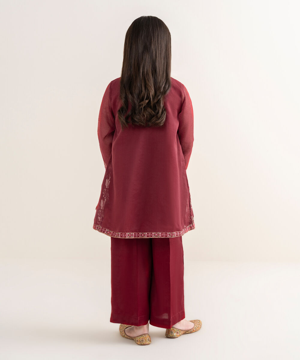 Girl's Blended Textured Karandi Embroidered Red 2 Piece Suit