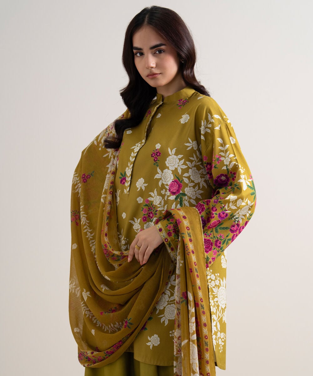 Women's Unstitched Arabic Lawn Printed Brown