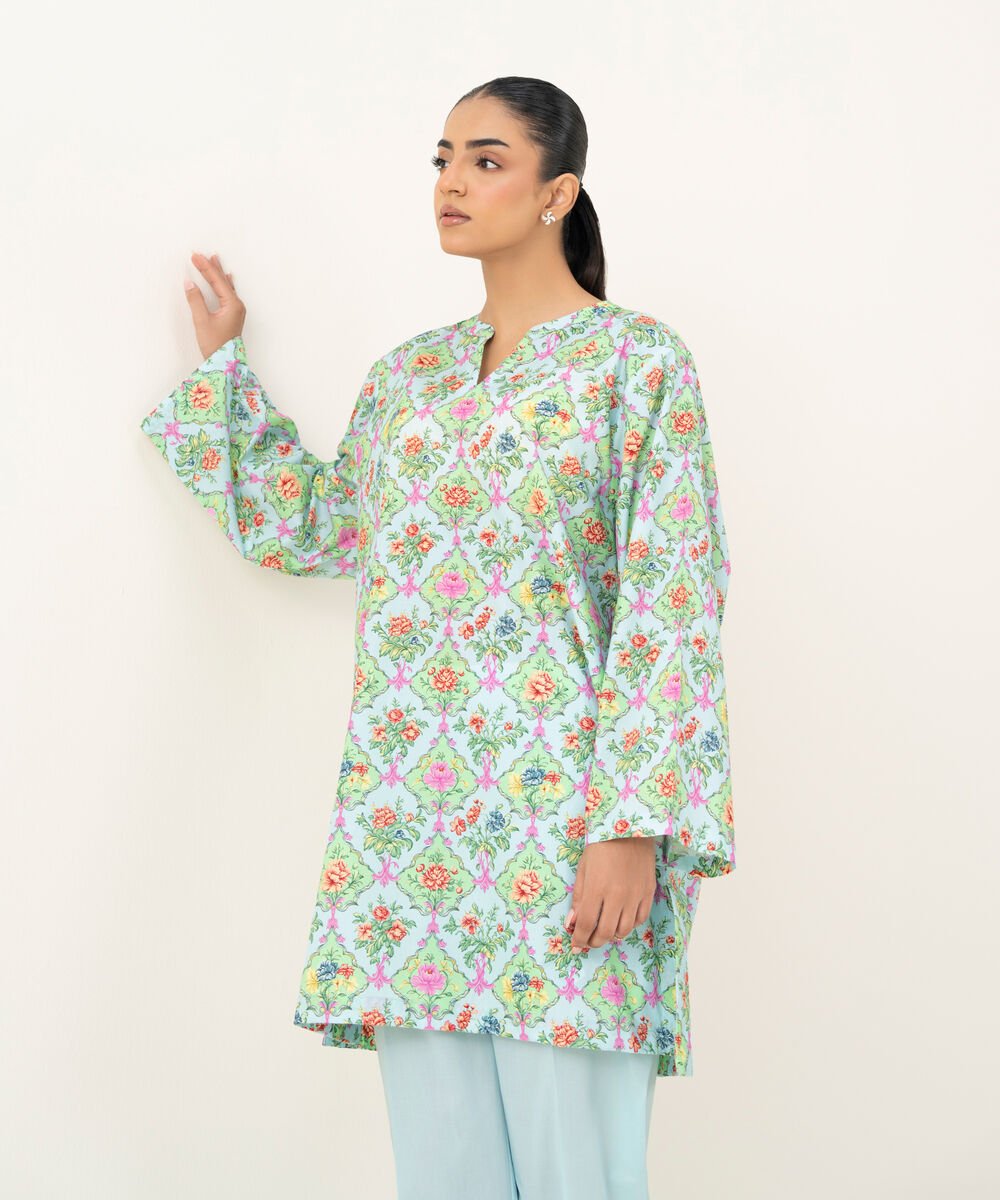 Women's RTW Cambric Printed Blue Straight Shirt