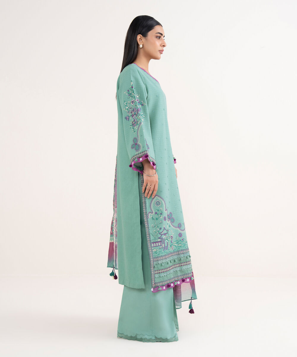 Women's Unstitched Dobby Embroidered Green 3 Piece Suit