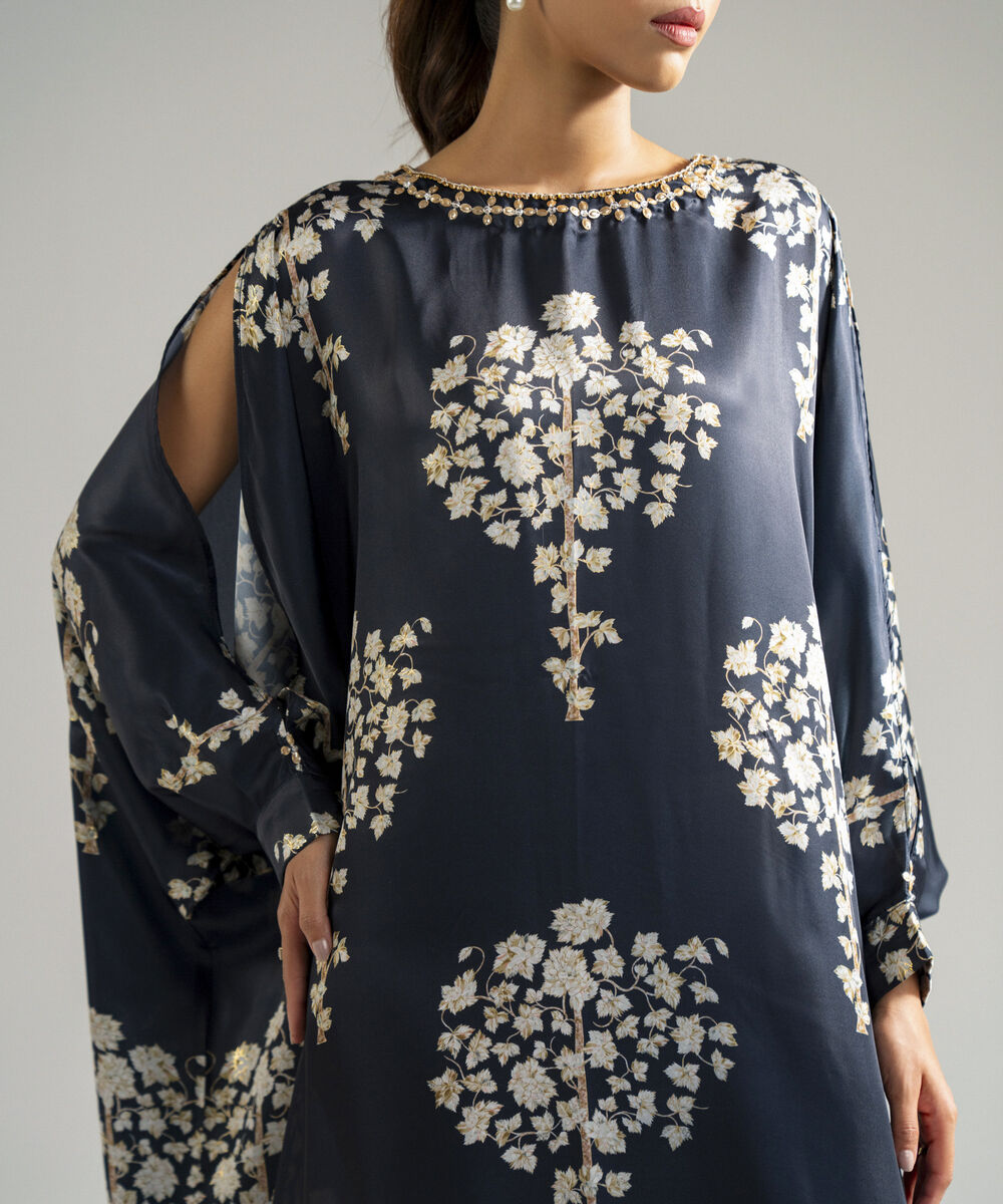 Women's RTW Blended Satin Printed Dark Blue Kaftan