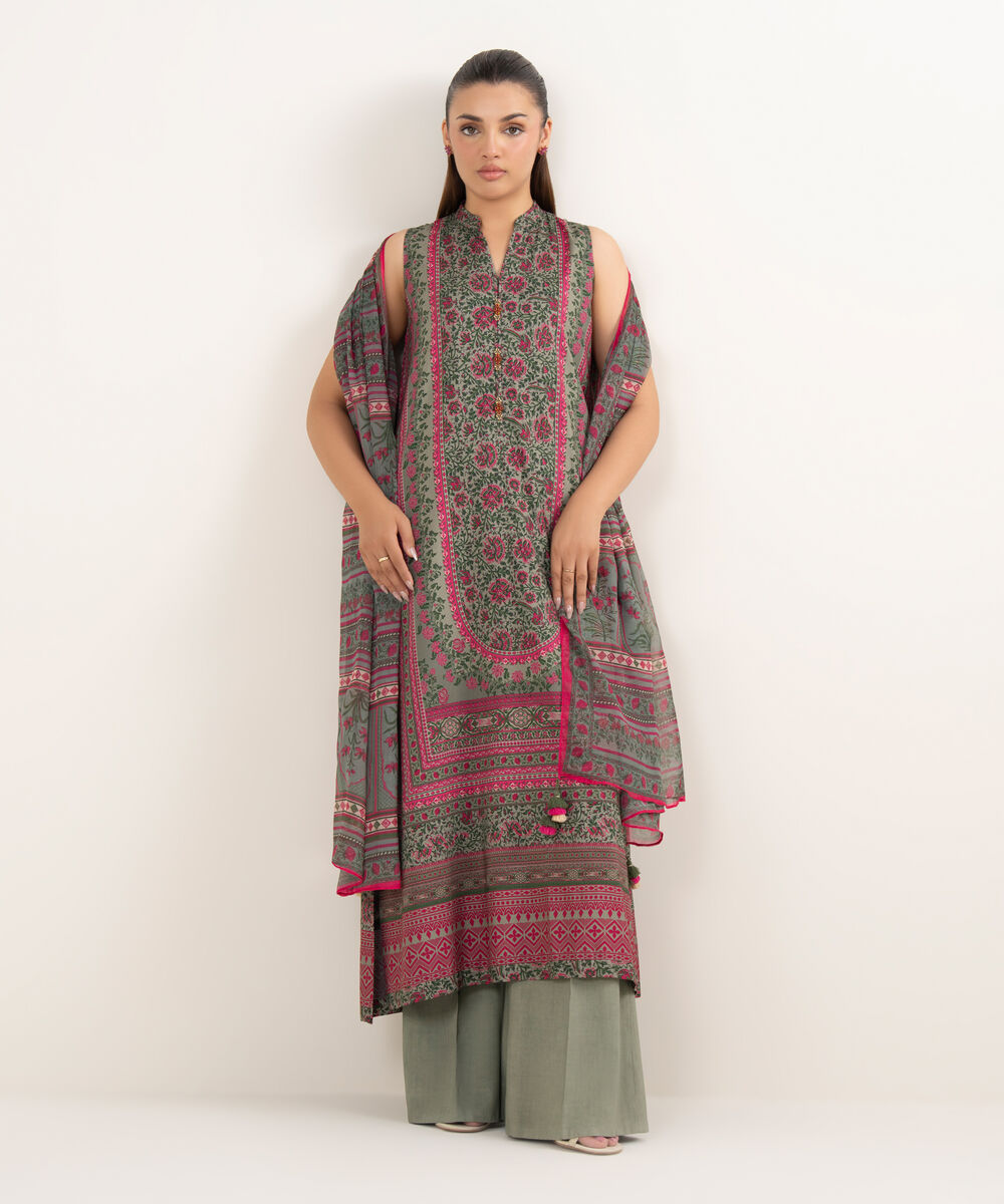 Women's Unstitched Arabic Lawn Printed Multi 3 Piece Suit