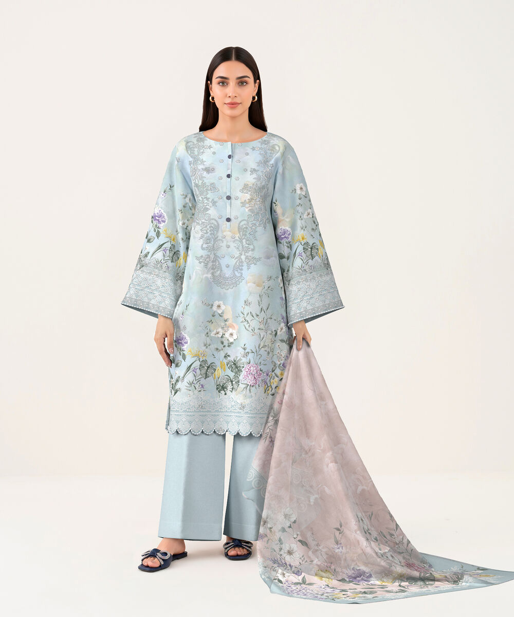Women's Unstitched Lawn Light blue Embroidered 3 Piece Suit