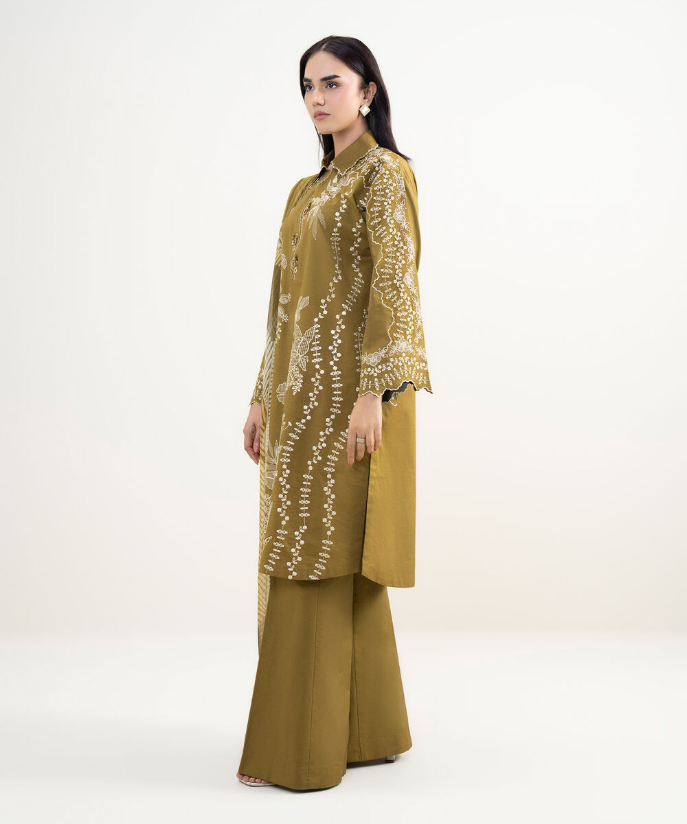 Women's Unstitched Textured Lawn Embroidered Brown 3 Piece Suit