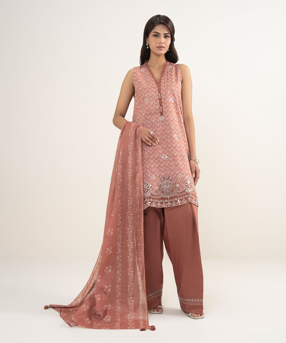 Women's Unstitched Lawn Embroidered Pink 3 Piece Suit