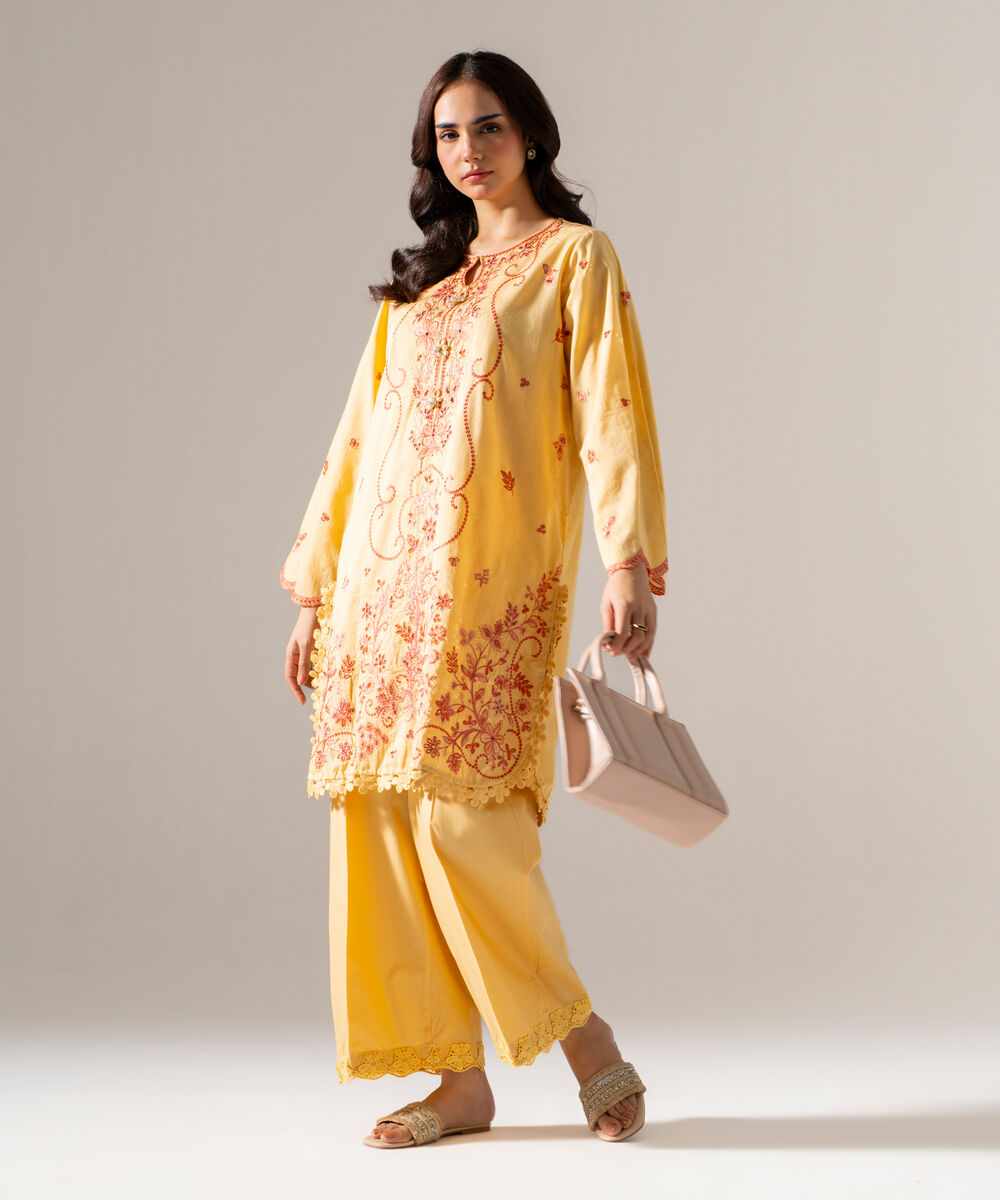Women's RTW Self Jacquard Solid Embroidered Yellow 2 Piece Suit
