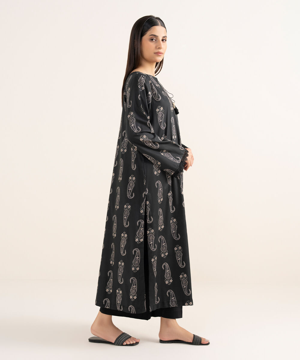 Women's RTW Lawn Viscose Black Printed A-Line Shirt