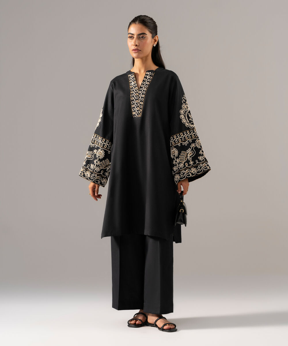 Women's RTW Cotton Linen Embroidered Black 2 Piece Suit