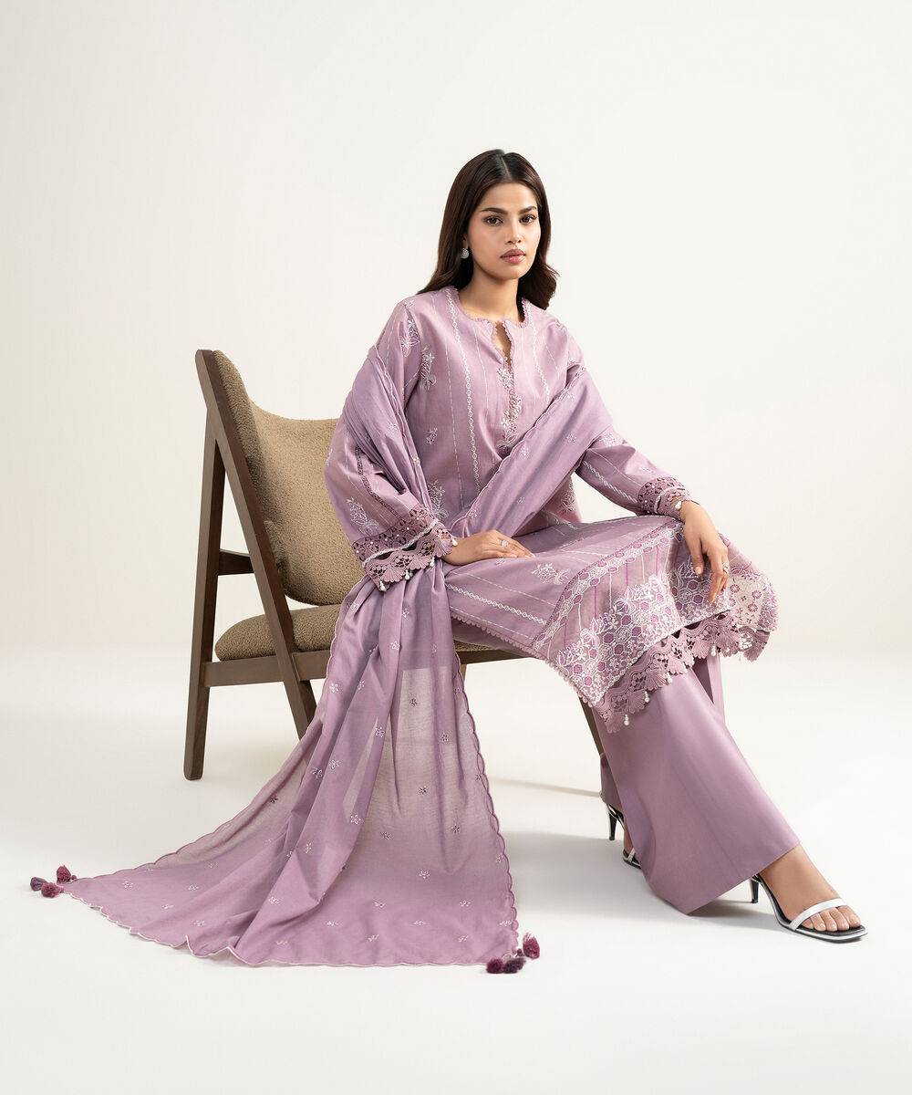 Women's Unstitched Textured Lawn Embroidered Purple 3 Piece Suit