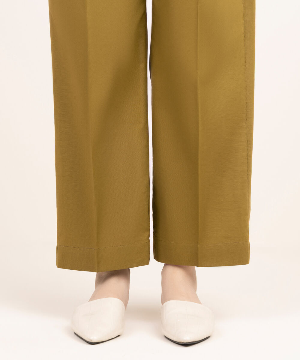 Women's RTW Cambric Green Solid Straight Pants
