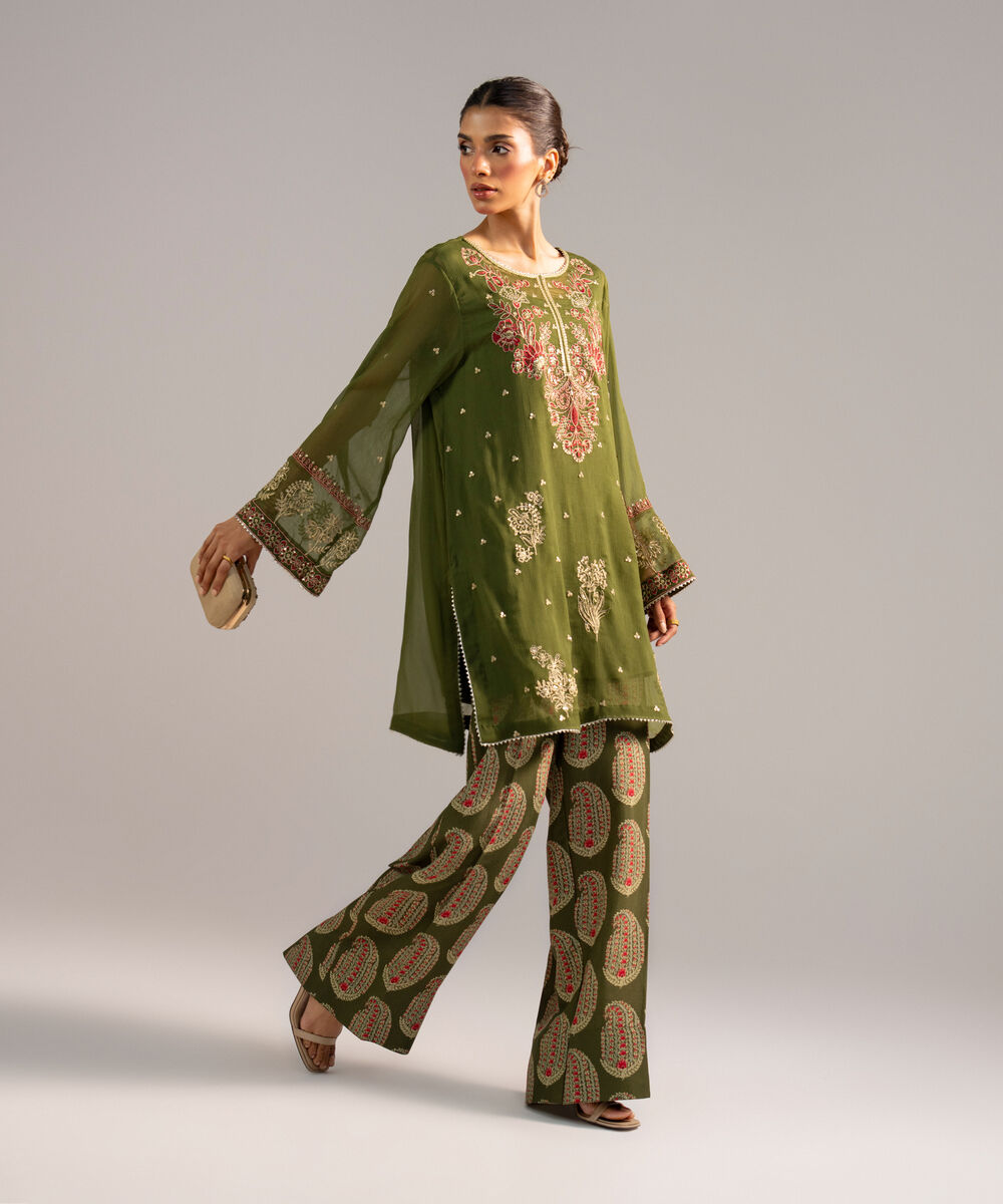 Women's RTW Chiffon Embroidered Green 2 Piece Suit