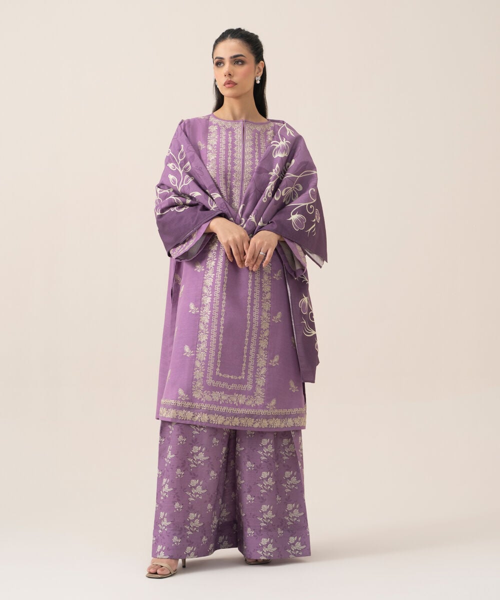 Women's Unstitched Premium Khaddar Embroidered Mauve 3 Piece Suit