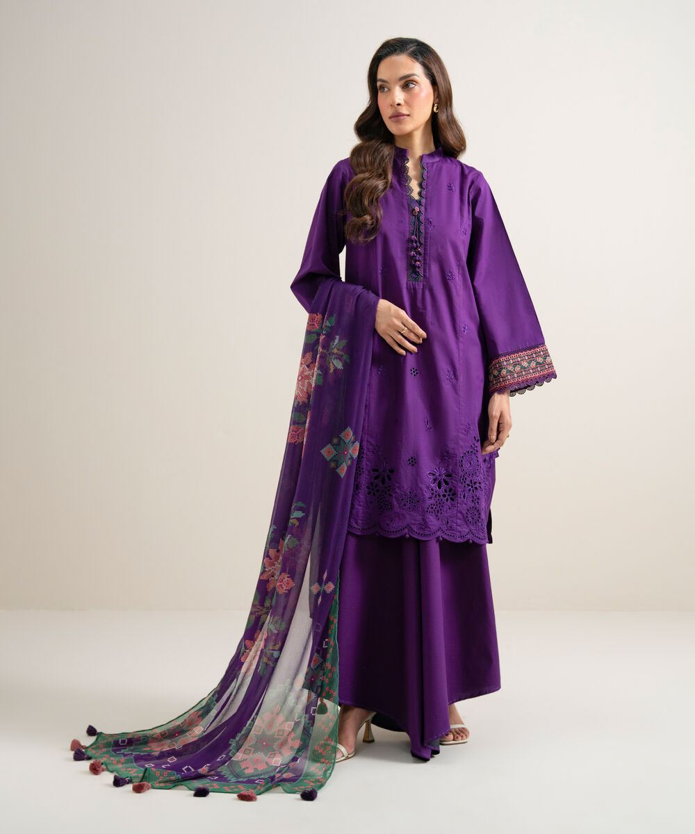 Women's Unstitched Lawn Embroidered Purple 3 Piece Suit