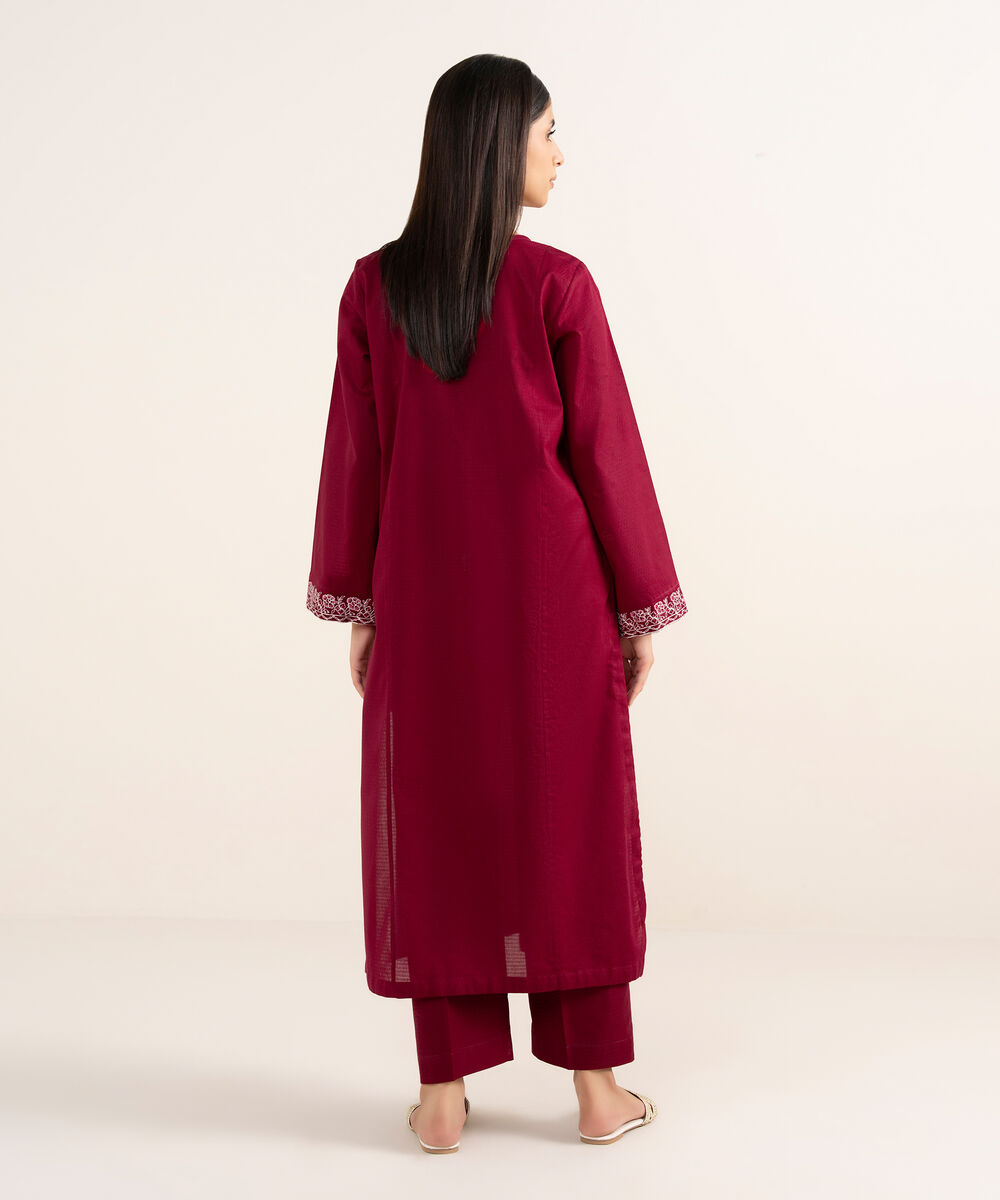 Women's RTW Textured Lawn Maroon Embroidered Straight Shirt