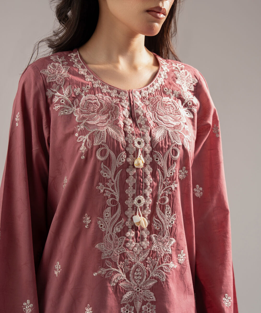 Women's RTW Self Jacquard Embroidered Straight Mauve Shirt