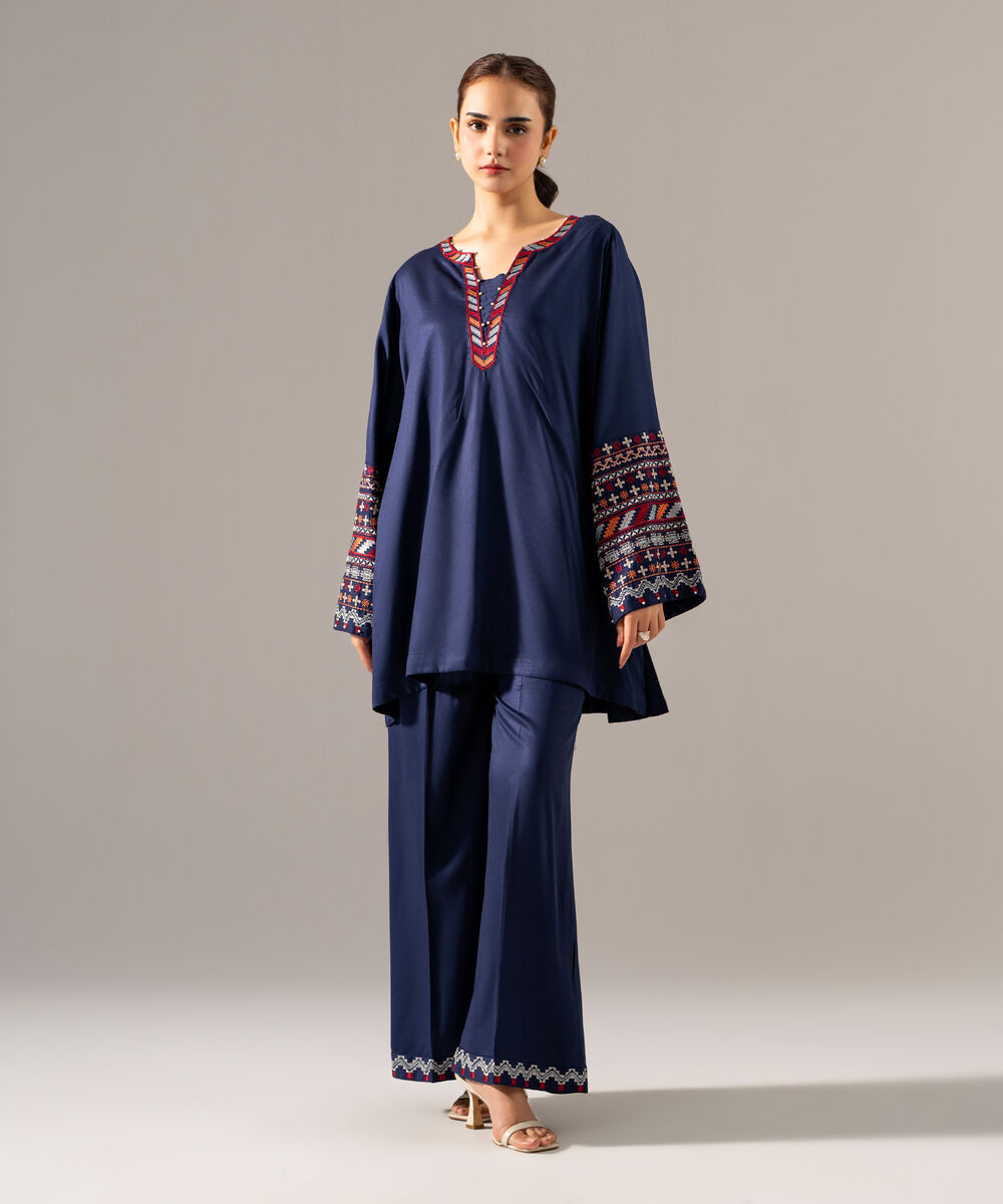 Women's RTW Bedford Solid Embroidered Blue Drop Shoulder Shirt