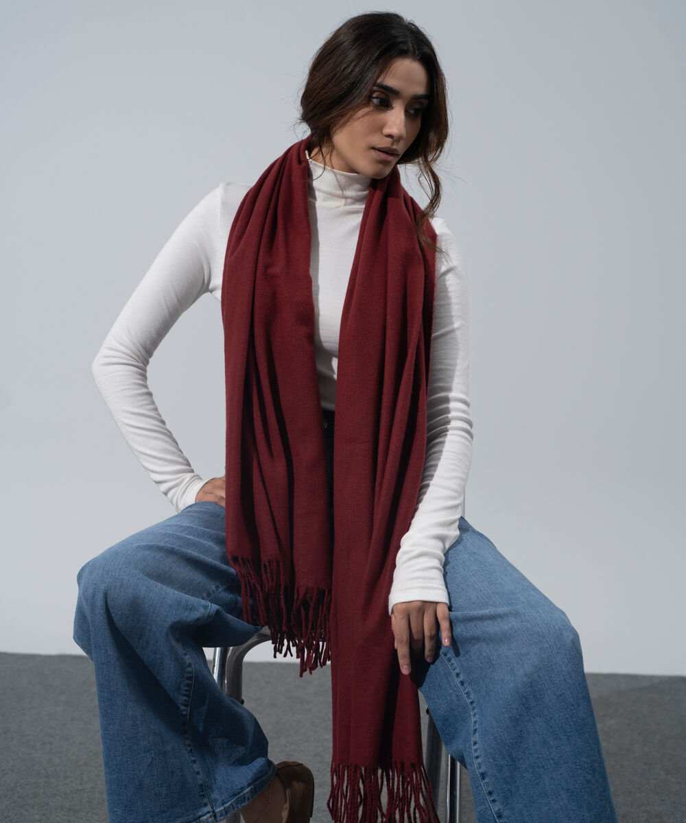 Women's Western Wear Red Polyester Solid Woolen Scarf