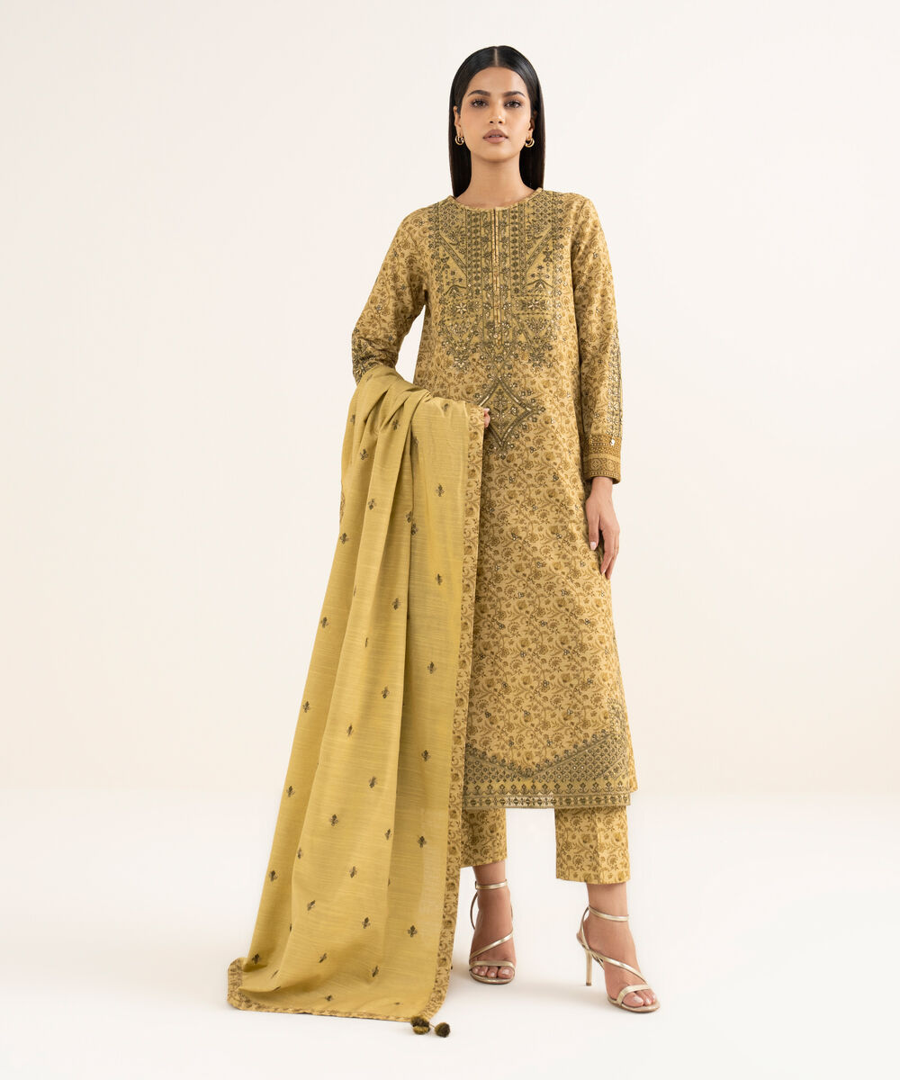 Women's Unstitched Textured Cotton Embroidered Yellow 3 Piece Suit