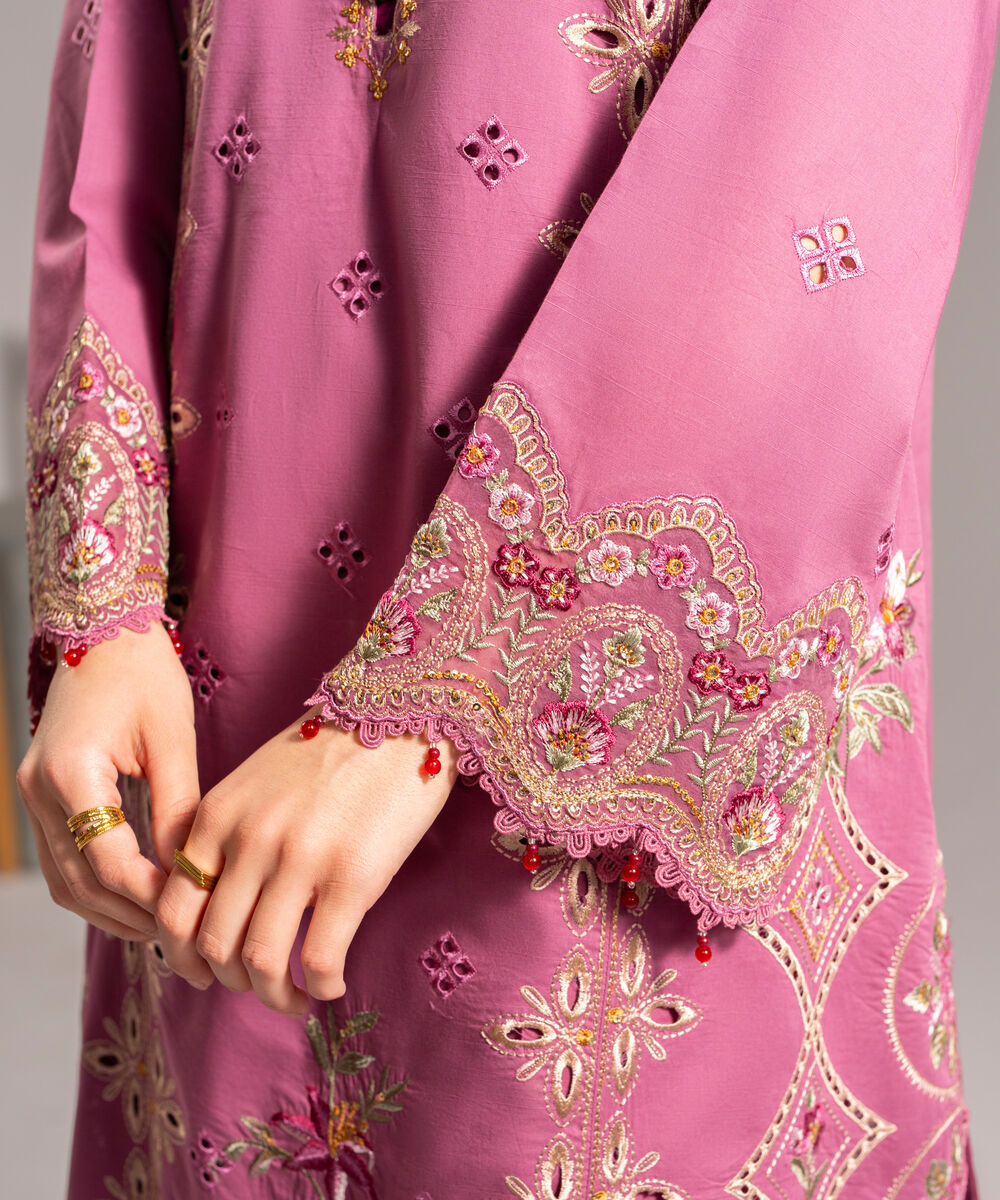 Women's RTW Slub Lawn Embroidered Mauve Pink 3 Piece Suit