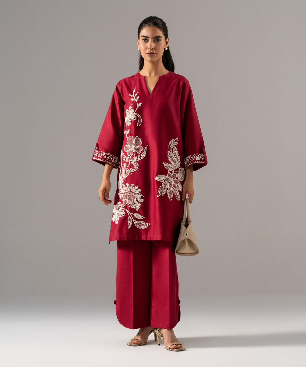 Women's RTW Cotton Linen Embroidered Red 2 Piece Suit