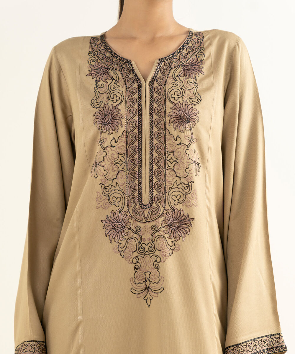 Women's RTW Bedford  Embroidered Beige A-Line Shirt