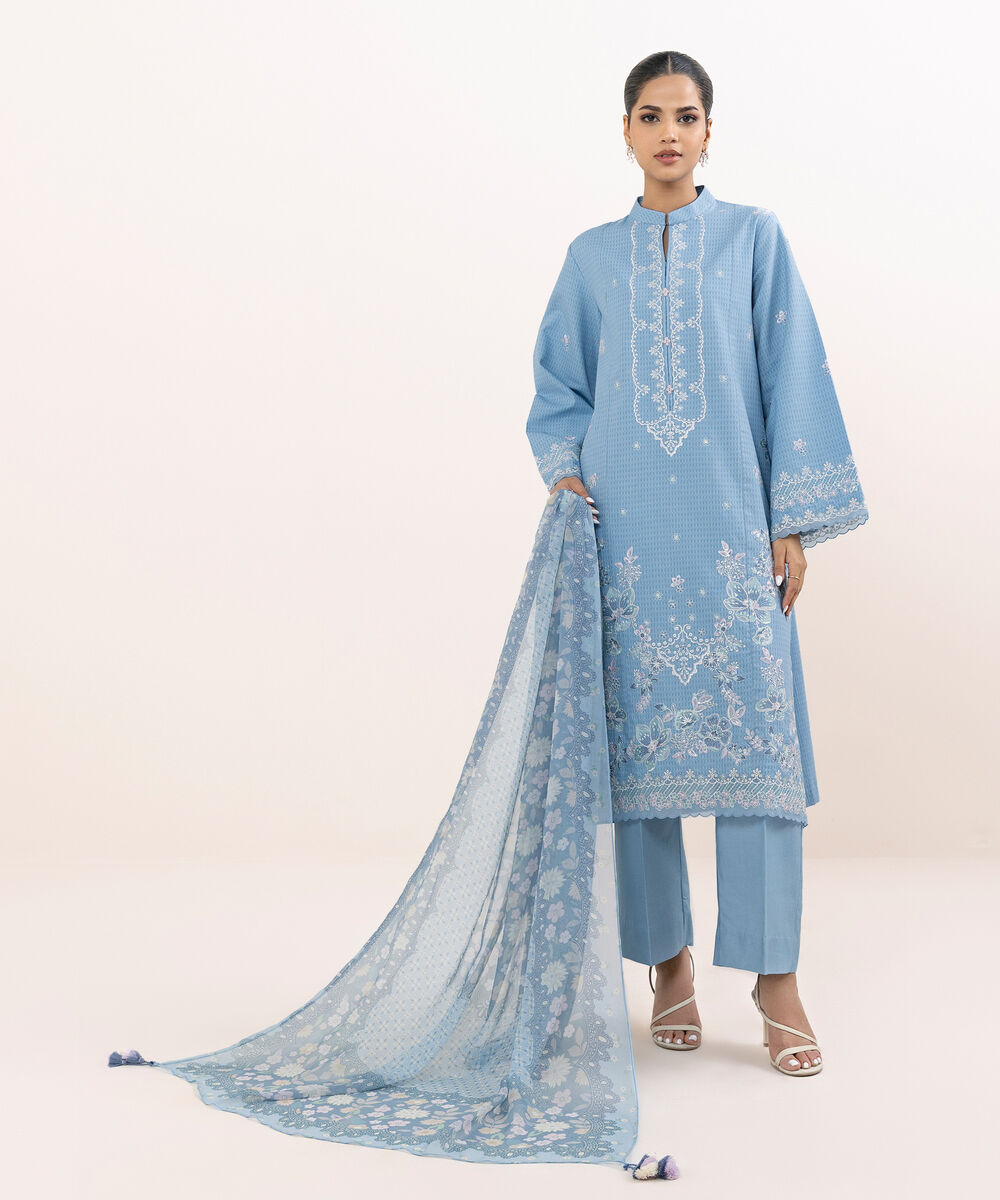 Women's Unstitched Linen Jacquard Dyed Three Piece Suit