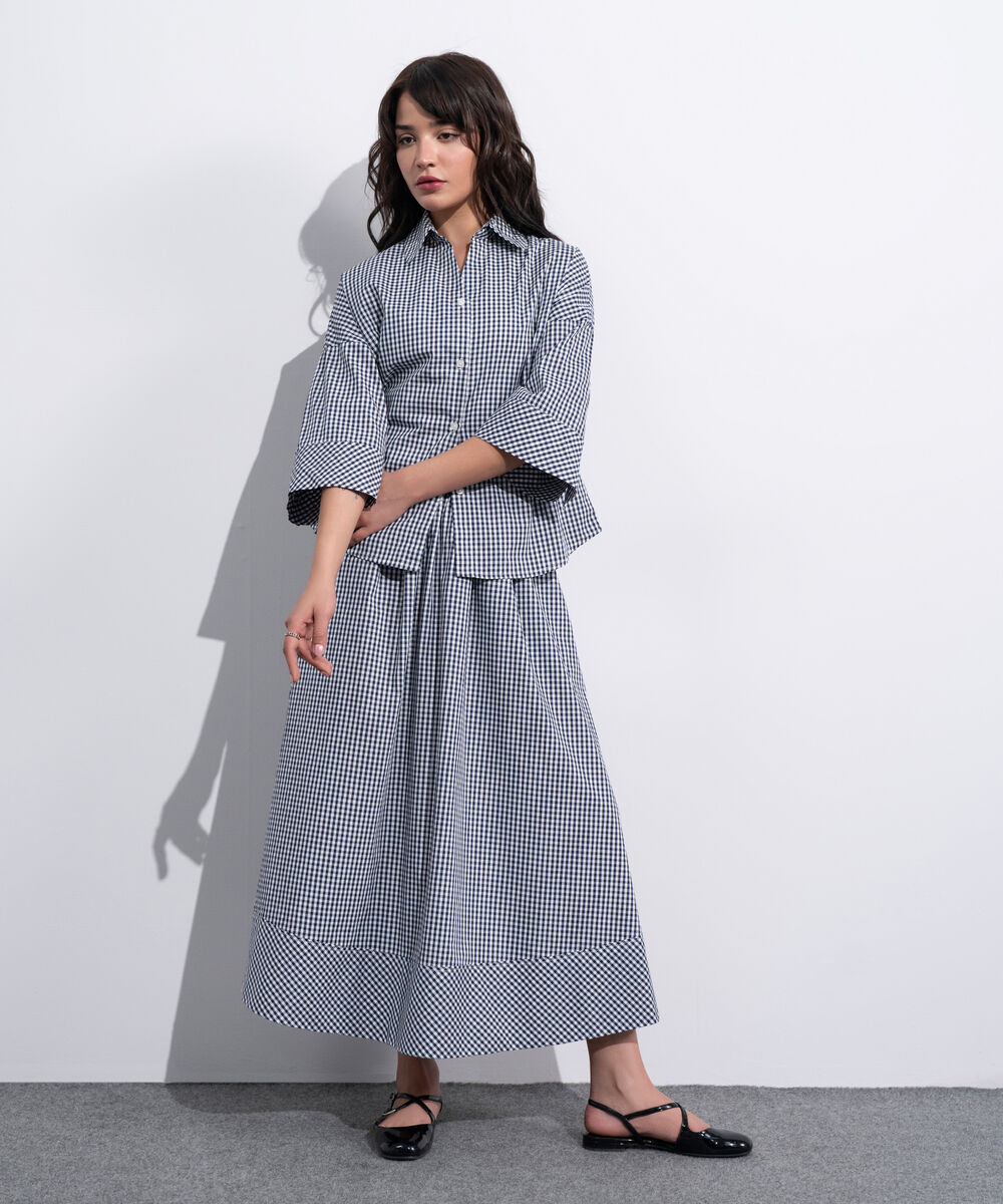 Women's Western White And Navy V-Neck Gingham Top