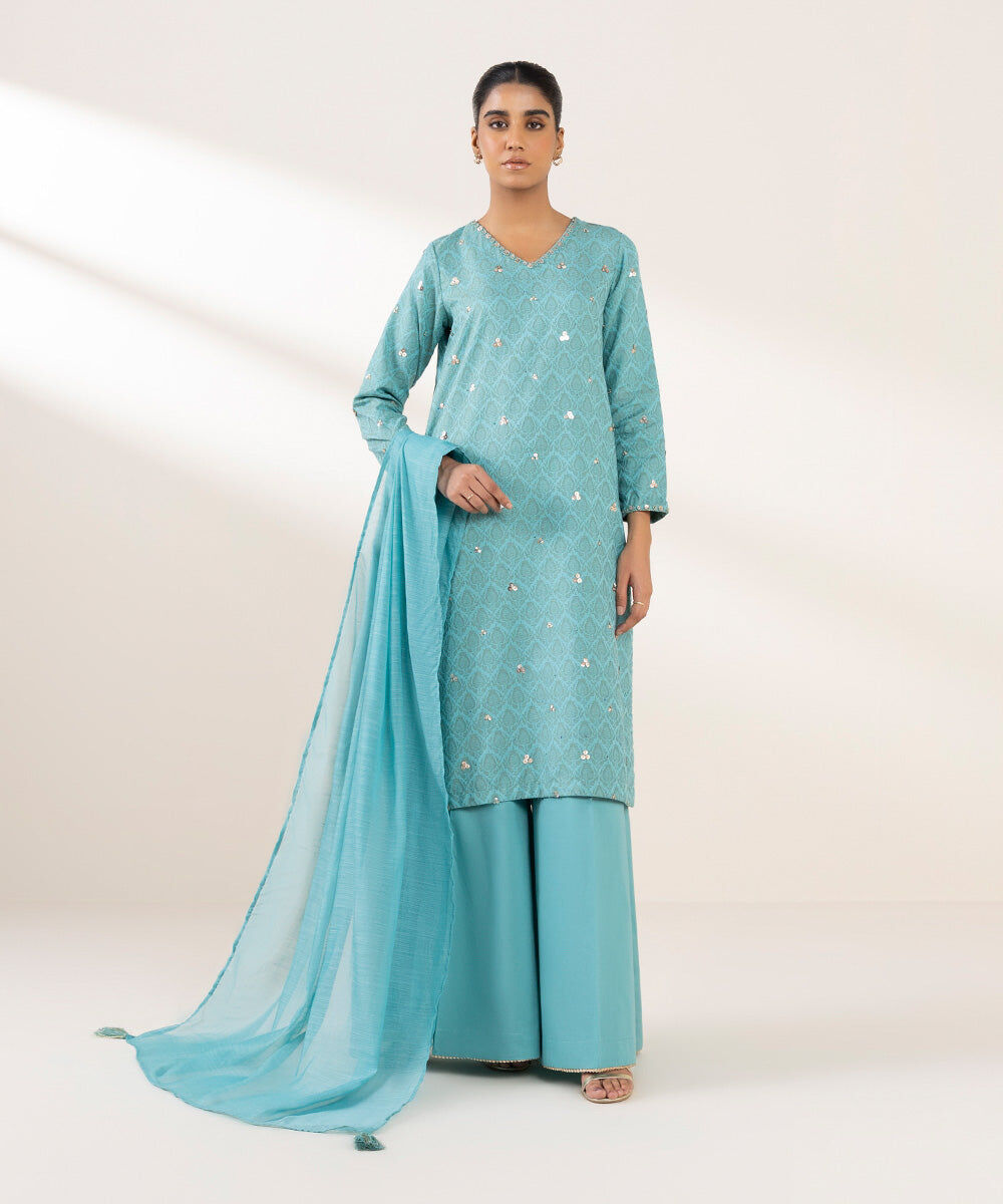 Woman - Blue Embroidered Cotton Jacquard Shirt