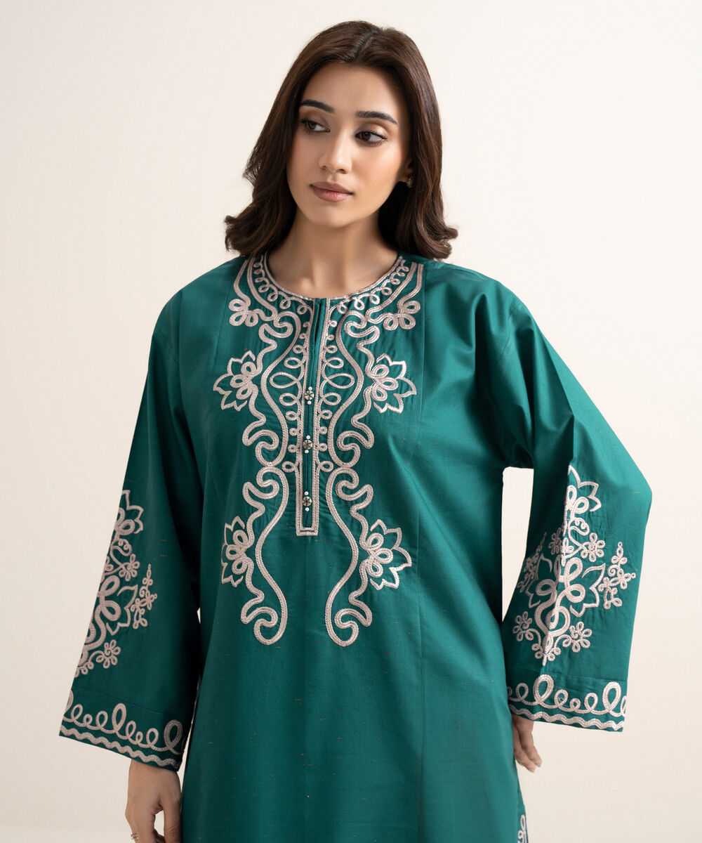 Women's RTW Multi Neps Embroidered Teal Green A-Line Shirt