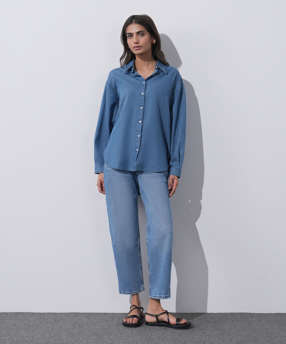 Women's Western Wear Blue Light Weight Denim Shirt