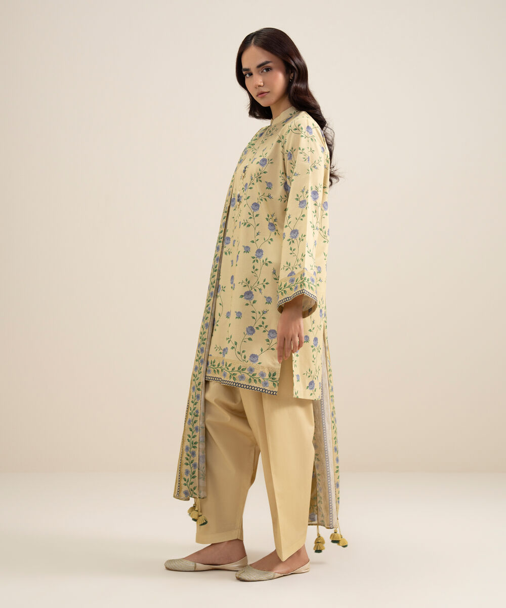 Women's Unstitched Lawn Printed Lime Yellow 3 Piece Suit