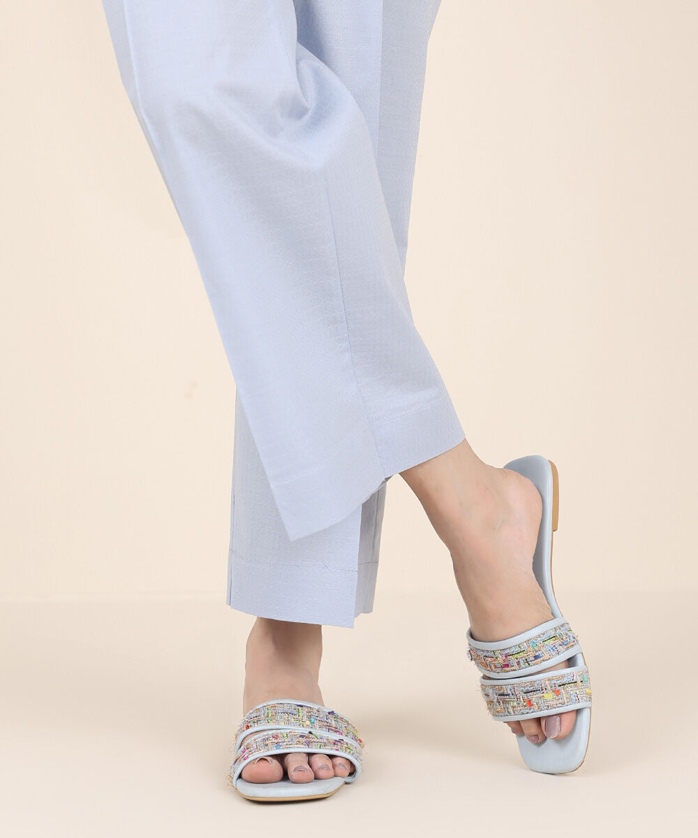 Women's RTW Textured Cotton Blue Solid Straight Pants