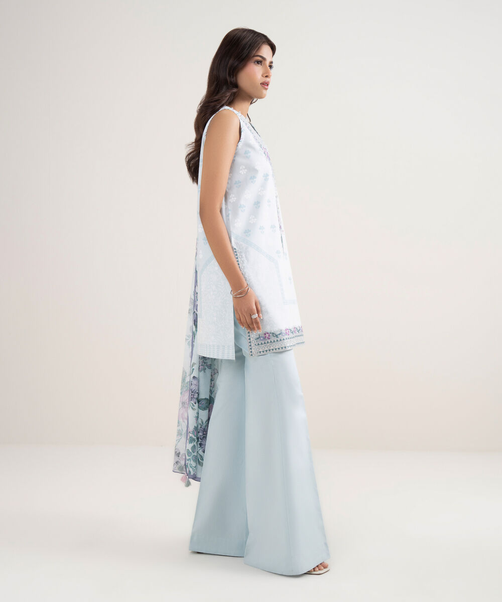 Women's Unstitched Lawn Blue Embroidered 3 Piece Suit