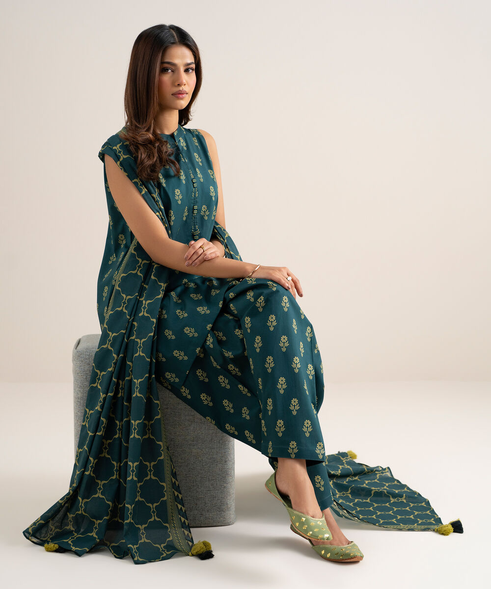Women's Unstitched Lawn Printed Teal Blue 3 Piece Suit