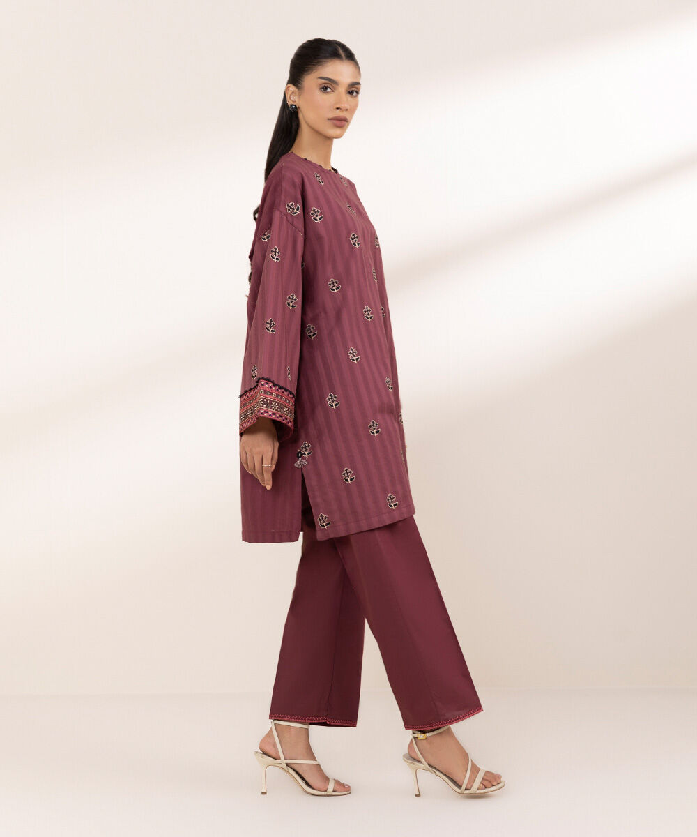 Women's RTW Textured Cotton Red Embroidered Boxy Shirt