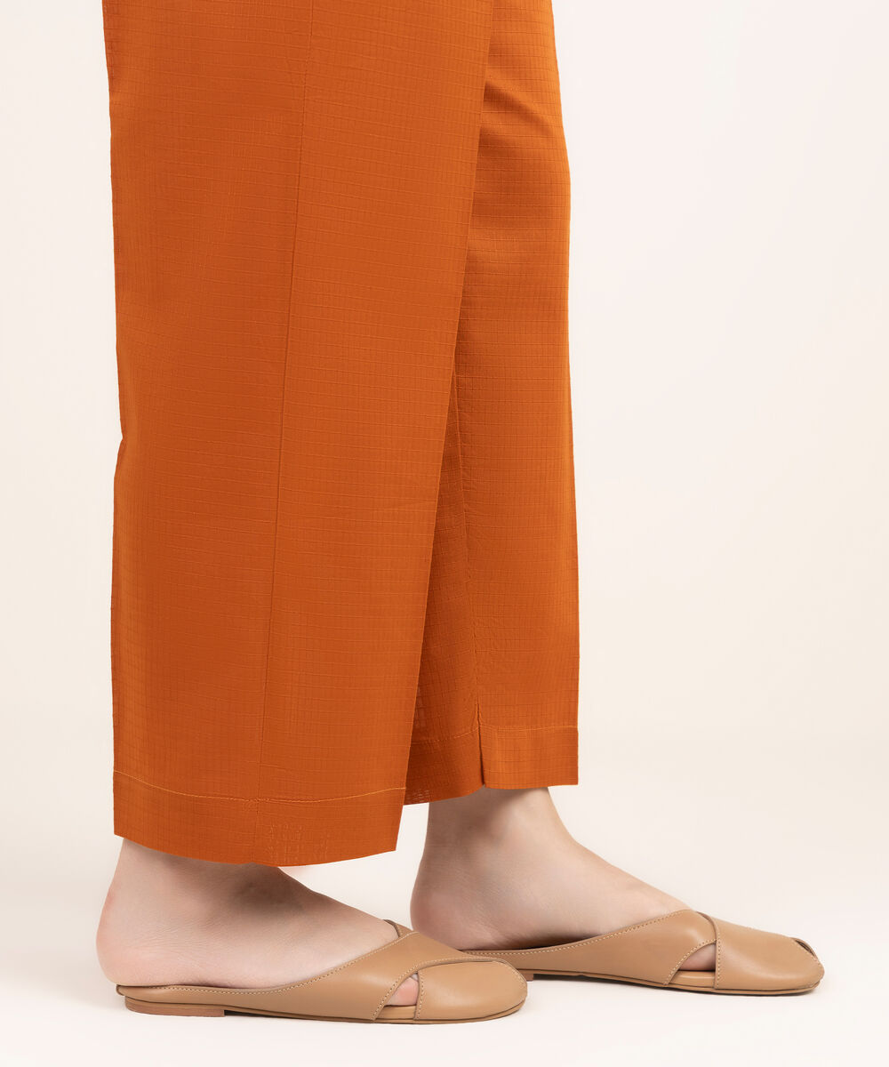 Women's RTW Handwoven Dobby Solid Orange Straight Pants